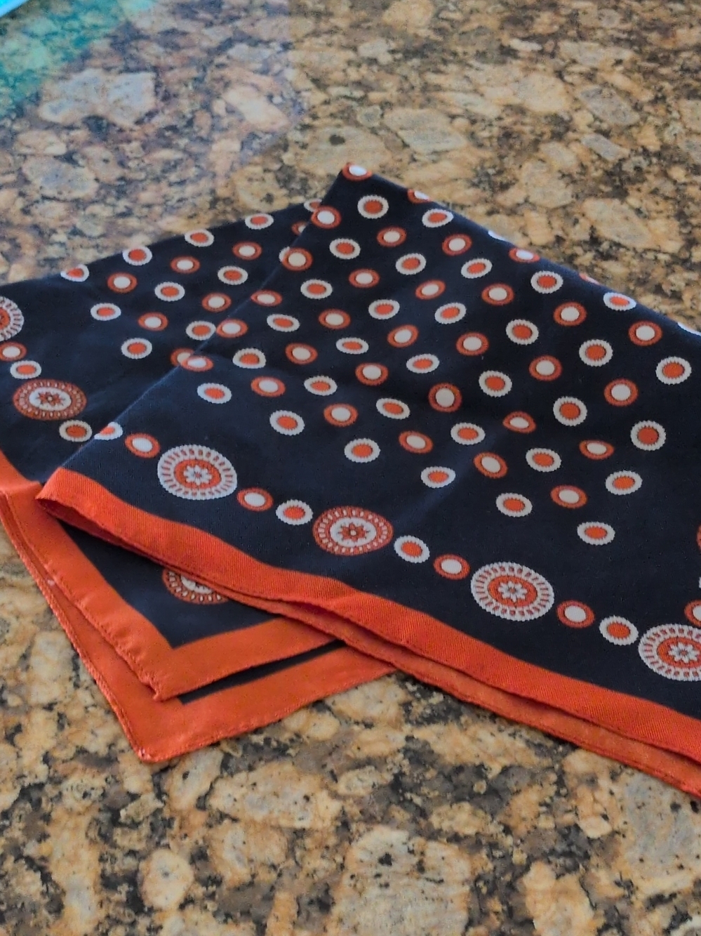 Navy Blue and Orange Polka Dot Silk Scarf